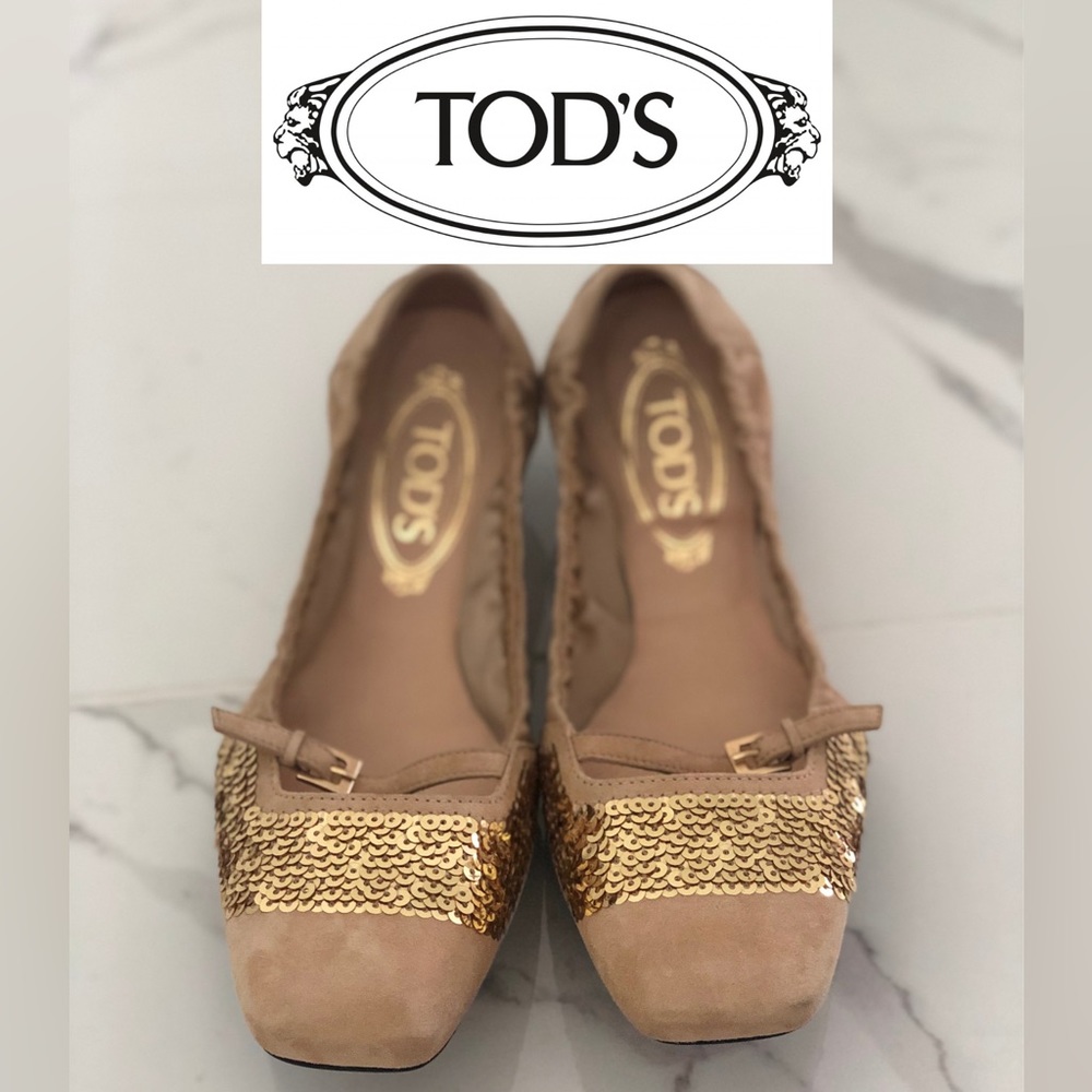 TOD’S Rose Gold and Sequin Square Toe Flats